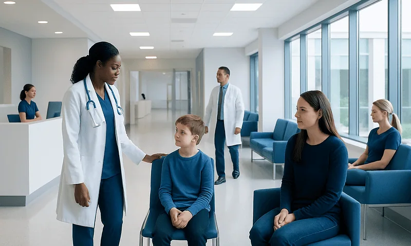 Doctor talking to young boy and mother in hospital waiting area.