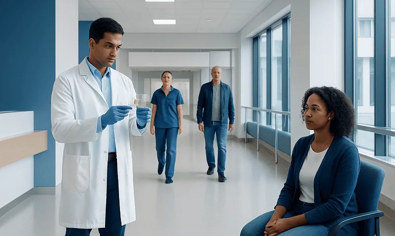 Medical professional explaining blood test results to a patient in hospital corridor.