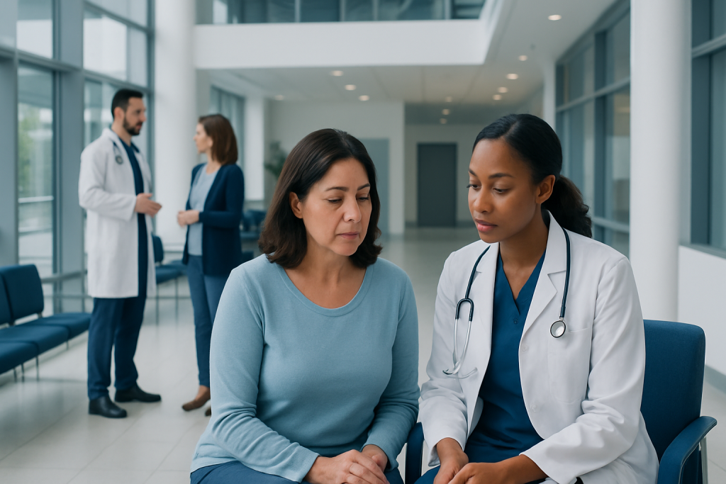 What Happens after Breast Biopsy Is Positive: Procedure, Recovery and Results 1 Doctor consulting with a patient in a modern hospital corridor.