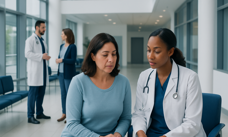 Doctor consulting with a patient in a modern hospital corridor.