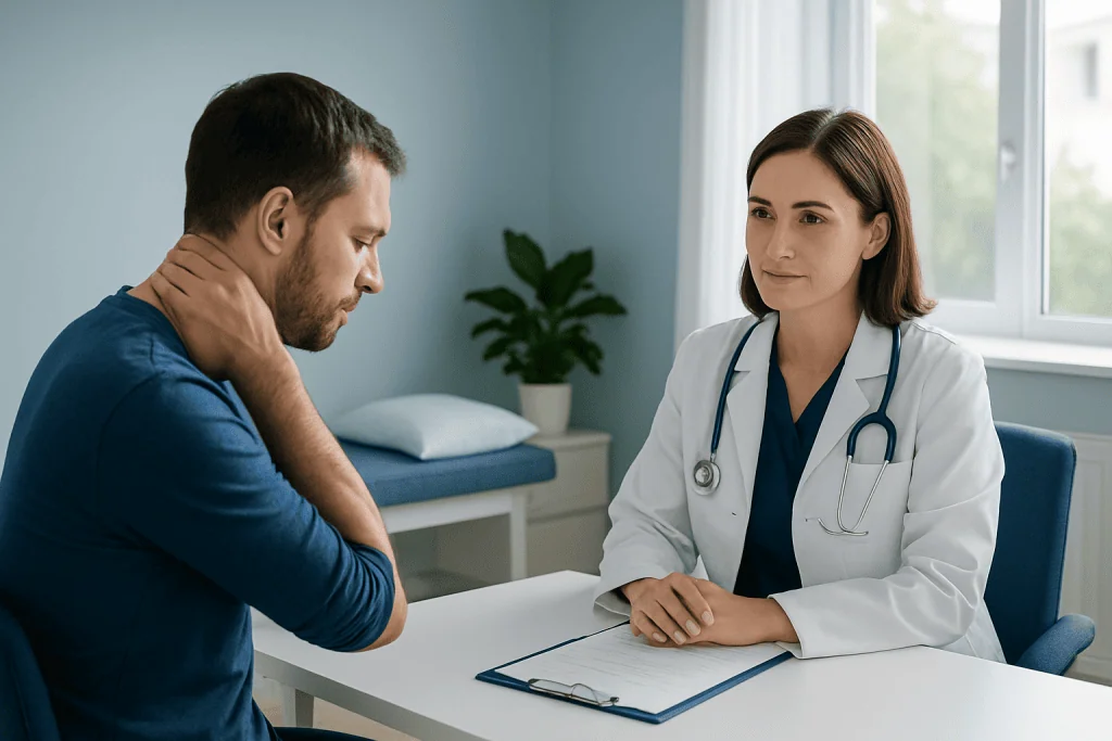 Doctor consulting with a patient about neck pain in a medical office.