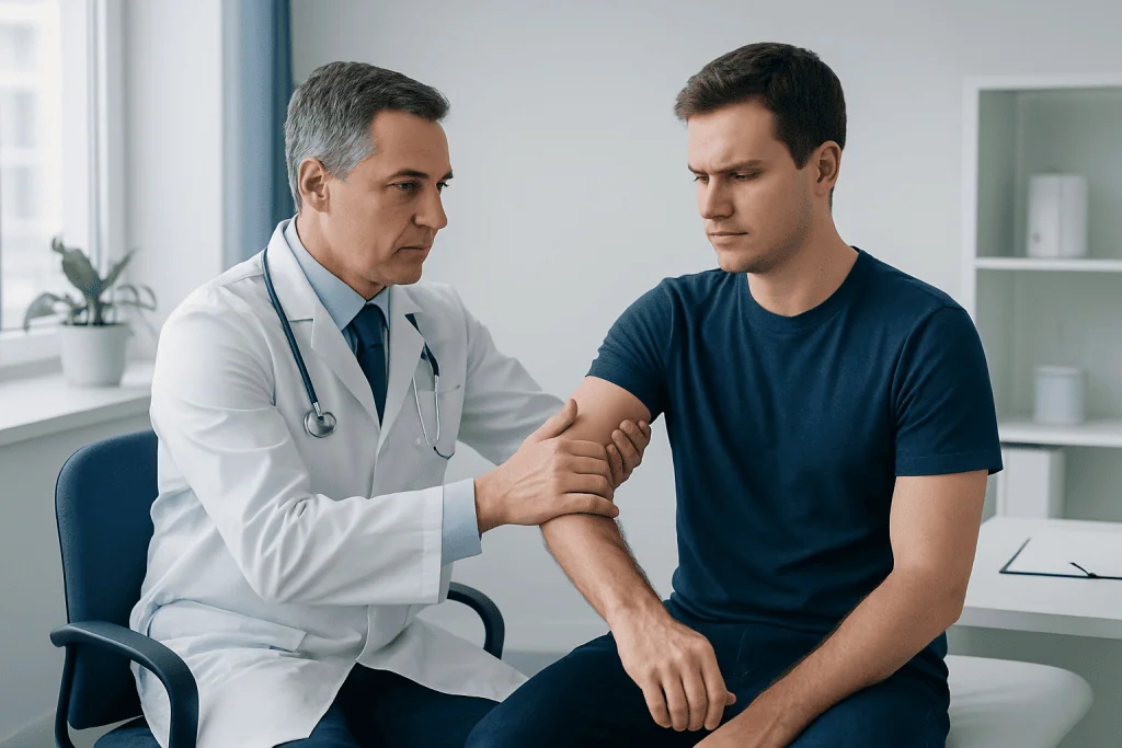 Doctor examining patient's shoulder for Yergason's Test in a clinical setting.