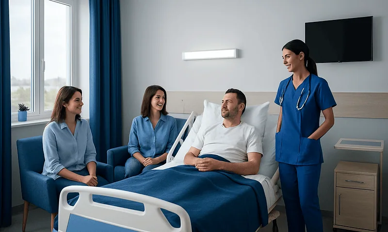 Patient in a private hospital room with medical staff and visitors.