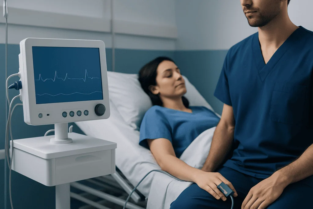 Patient in hospital bed with medical monitor and healthcare professional.