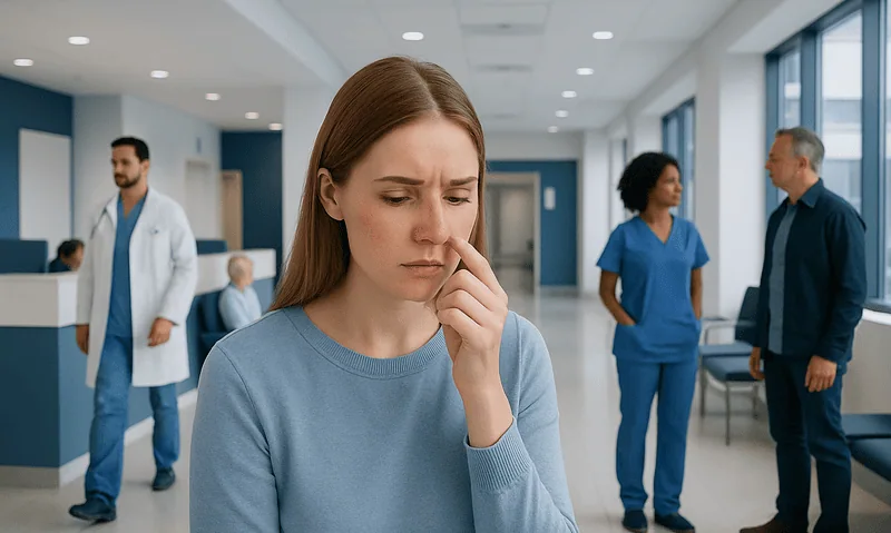 Patient experiencing nasal discomfort in hospital corridor.