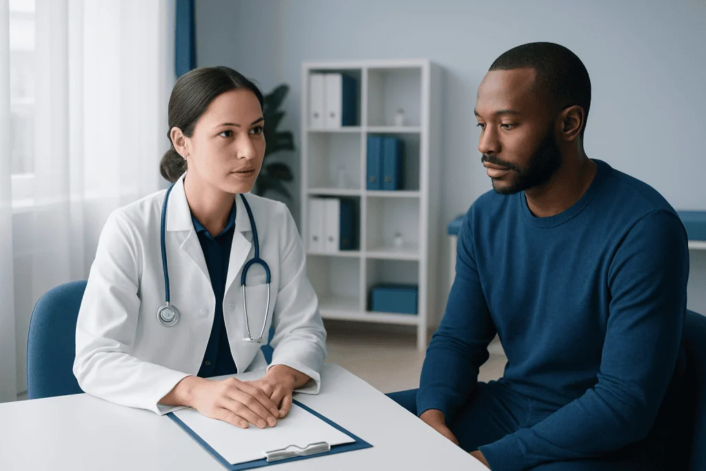 Doctor consulting with patient in a modern medical office.