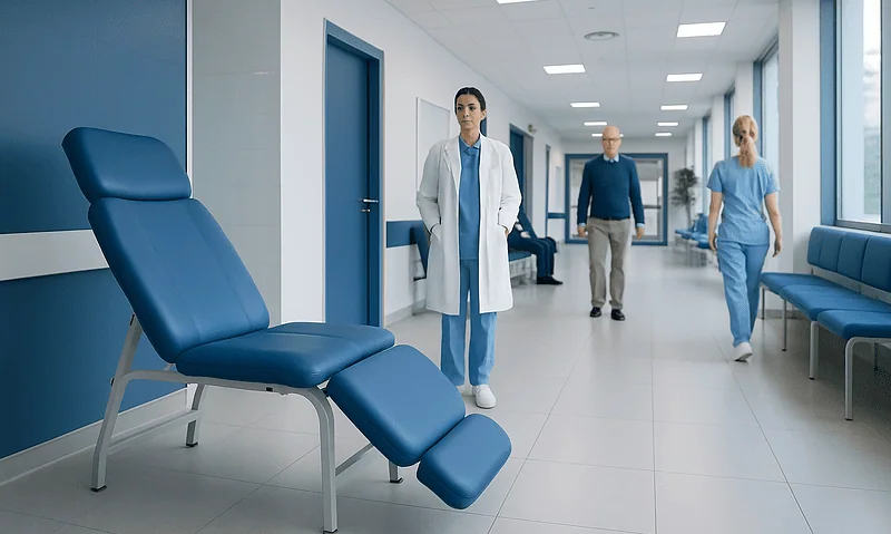 Medical staff in hospital corridor with examination chair and patients.