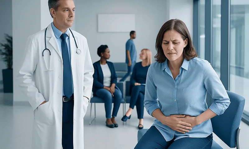 Woman experiencing abdominal pain in a hospital waiting area.