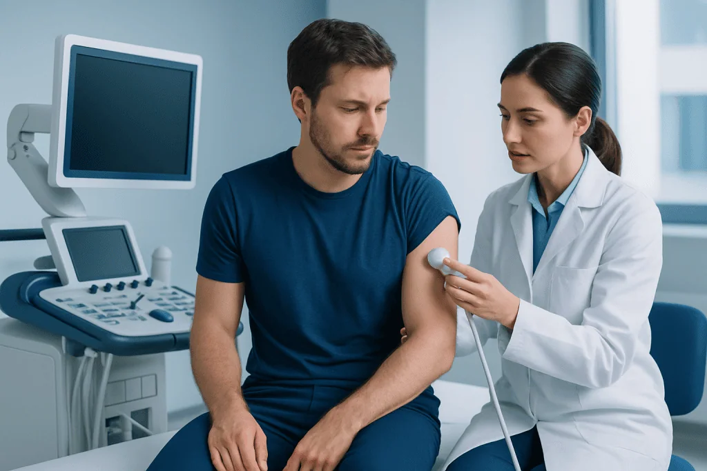 Doctor examines patient's shoulder using ultrasound in clinic setting.