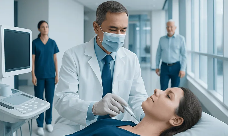 Doctor performing thyroid biopsy on a patient in a hospital setting.