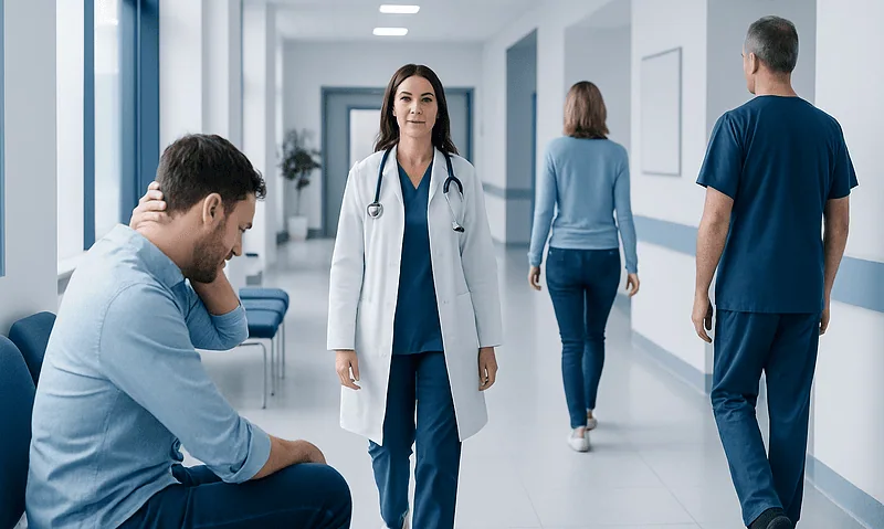 Medical professionals and patients in a hospital corridor at Acibadem Hospitals Group.