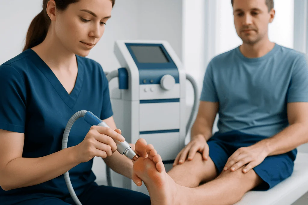 Podiatrist performing a foot treatment on a patient in a clinical setting.