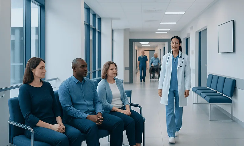 Healthcare professionals and patients in a modern hospital corridor.