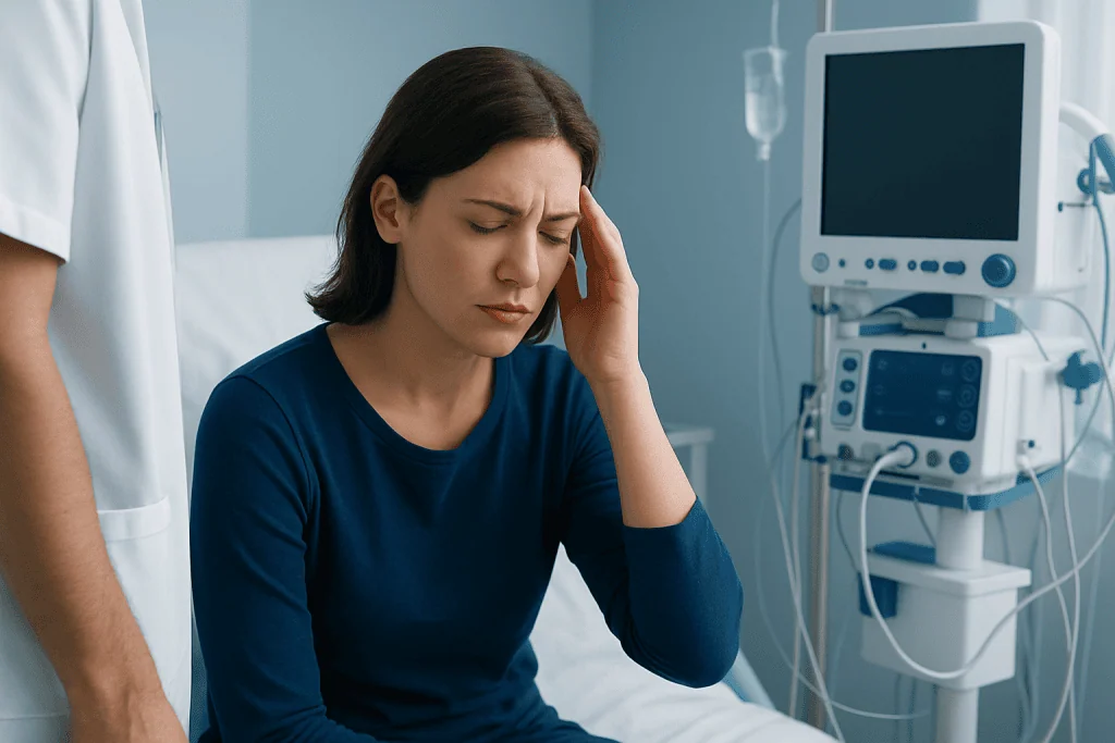 Woman experiencing headache in hospital setting with medical equipment nearby.