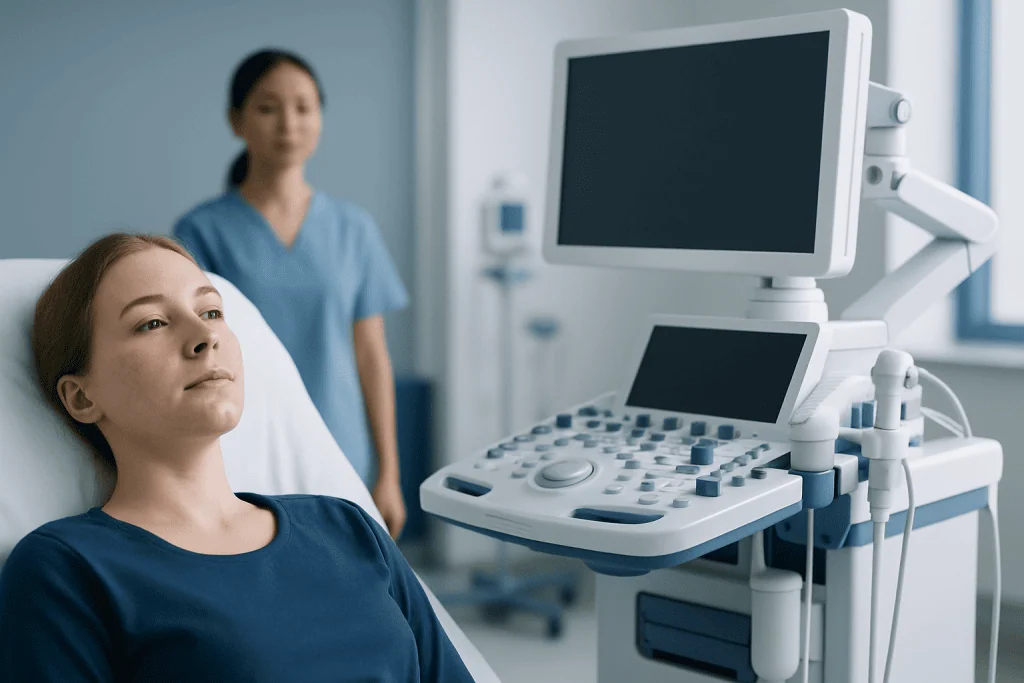Young woman undergoing ultrasound examination in a medical clinic.