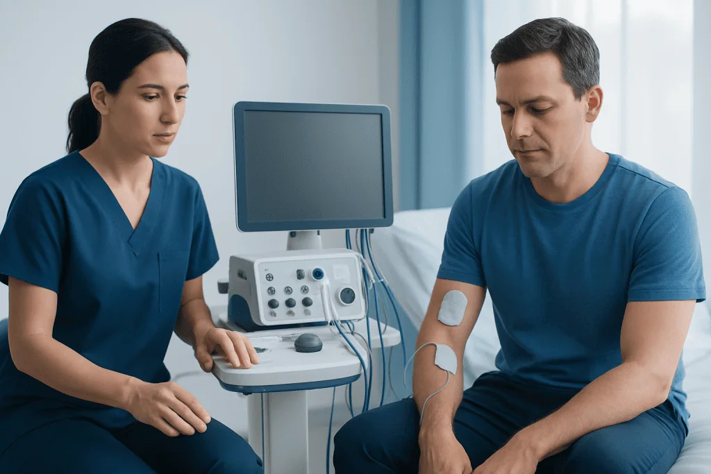 Doctor performing muscle spasm treatment with ultrasound therapy device.