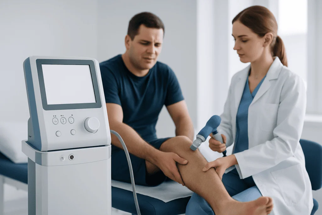 Doctor performing physiotherapy on patient's calf muscle in clinic.