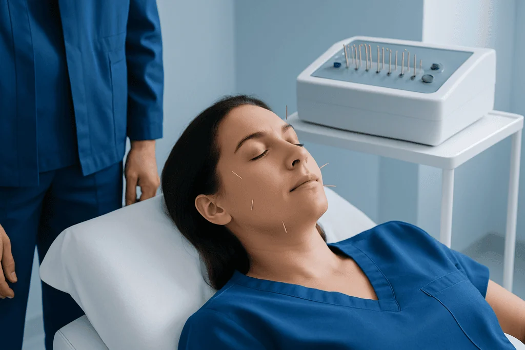 Patient receiving acupuncture treatment at a hospital clinic.