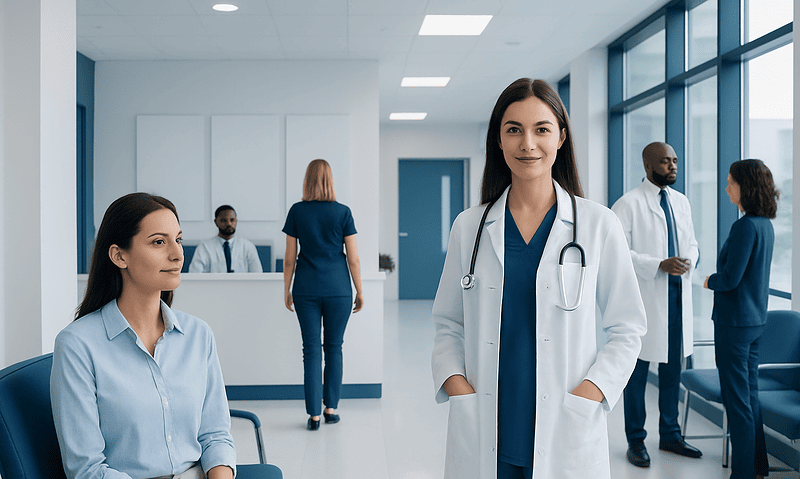 Medical team at Acibadem Hospital in a modern, bright facility.