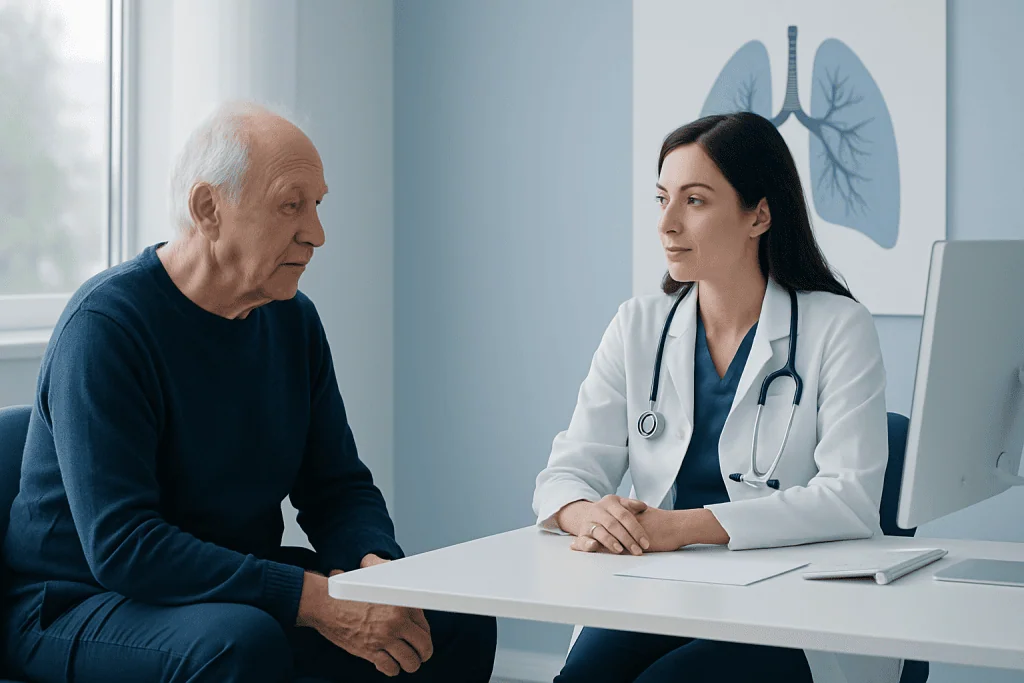 Doctor consulting with elderly male patient in a hospital setting.