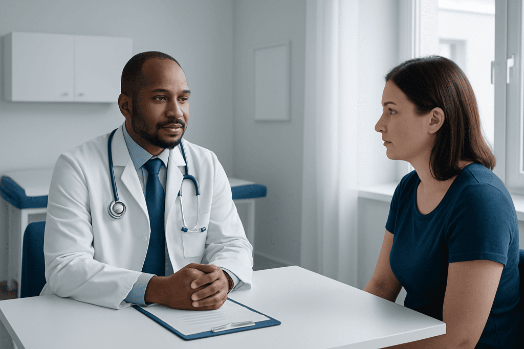 Doctor consulting with a female patient in a modern clinic setting.