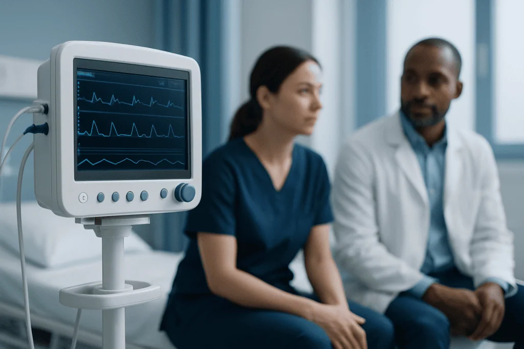 Doctor and patient in hospital room with monitoring equipment.