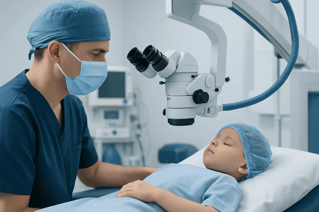 Pediatric surgeon performing cleft palate surgery on a young patient in an operating room.