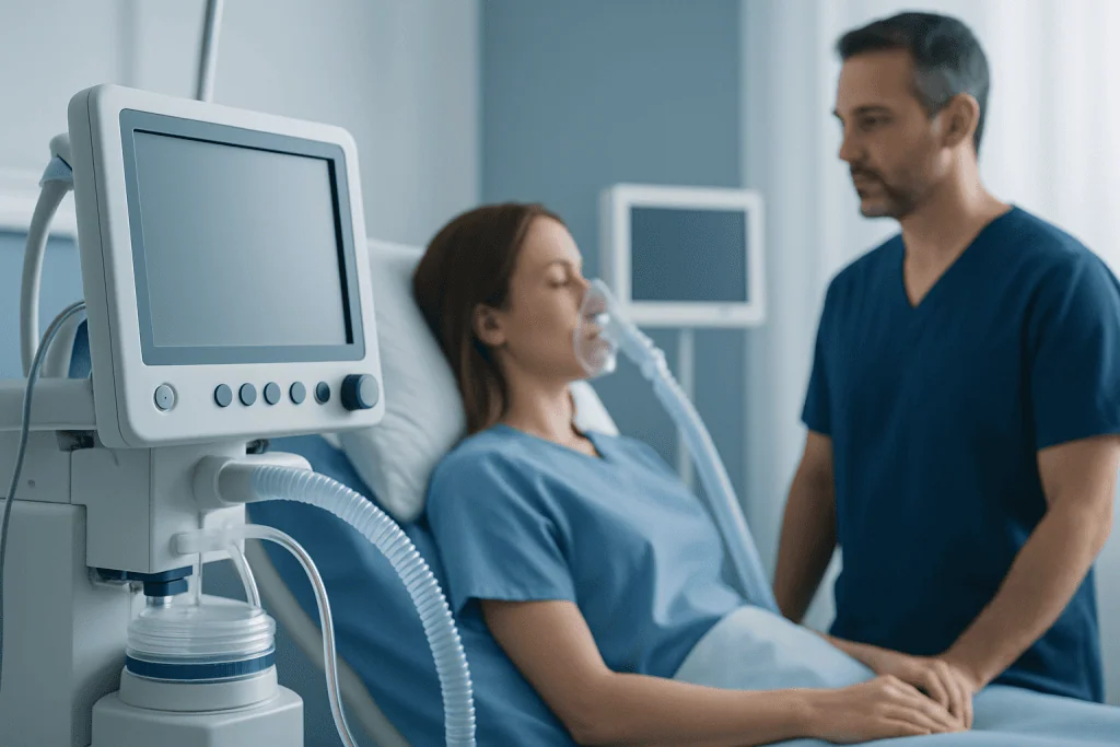 Patient receiving respiratory treatment in hospital bed with medical staff present.