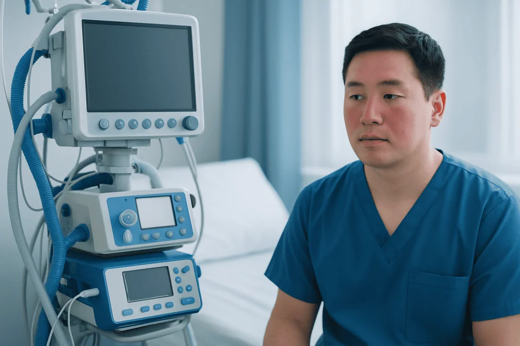 Medical professional in a hospital room with monitoring equipment.