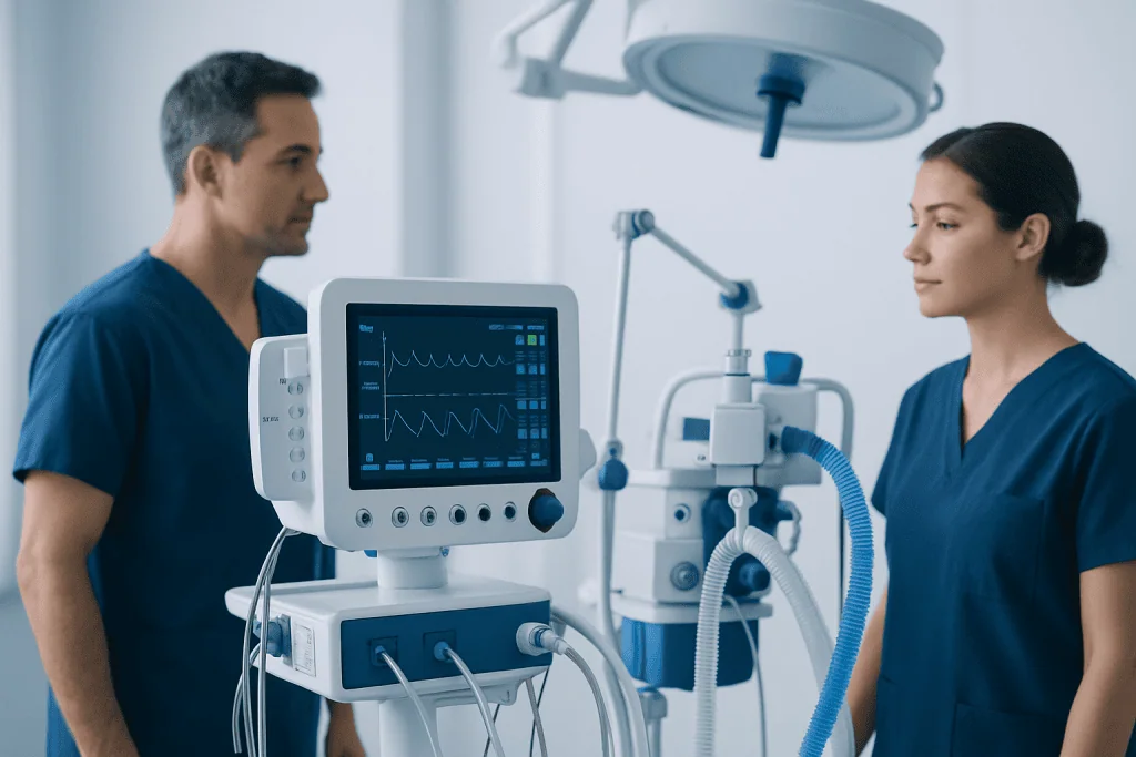 Medical professionals monitoring patient with advanced medical equipment at Acibadem Hospital.