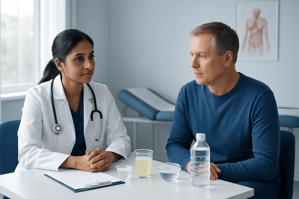 Doctor consulting male patient in a medical office setting.