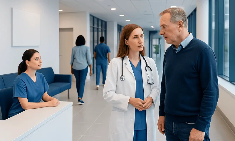 Doctor consulting with a patient in a hospital corridor.