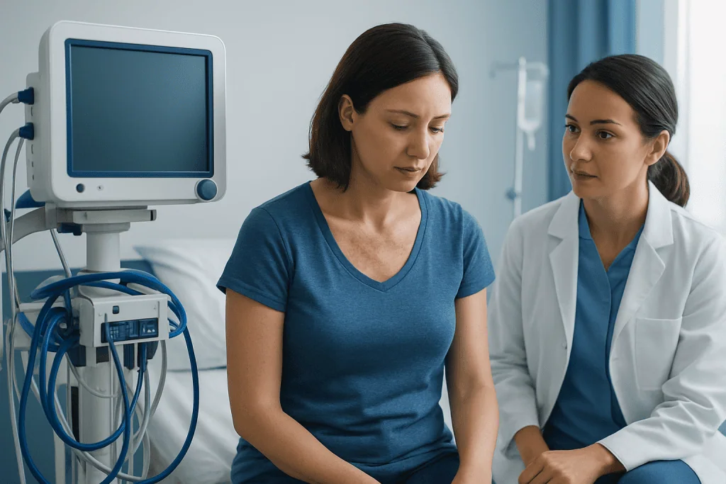 Patient and doctor discussing health in hospital room.