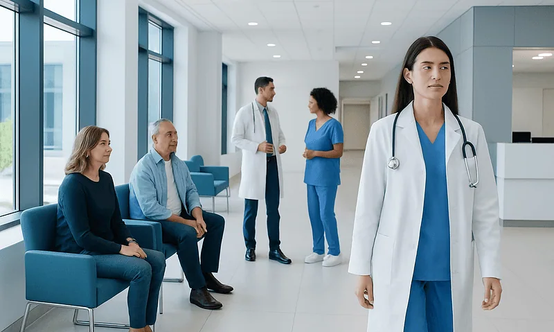 Healthcare professionals and patients in a modern hospital corridor.