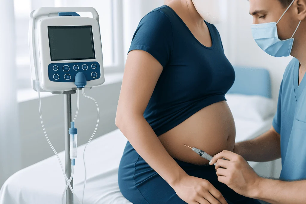 Pregnant woman receiving medical care in hospital with monitor.
