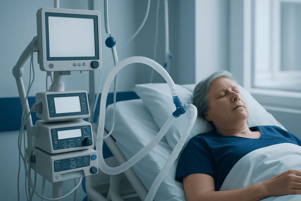 Elderly woman in hospital bed connected to ventilator and monitoring equipment.