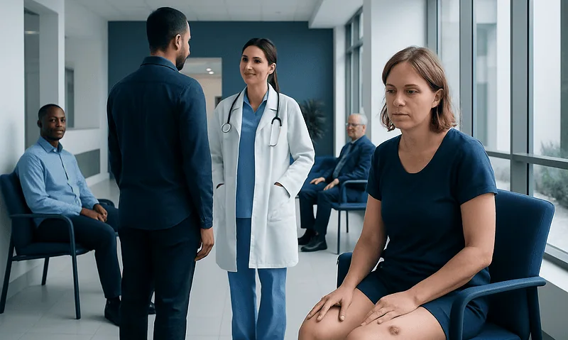 Medical consultation with a patient and healthcare professionals in a hospital.