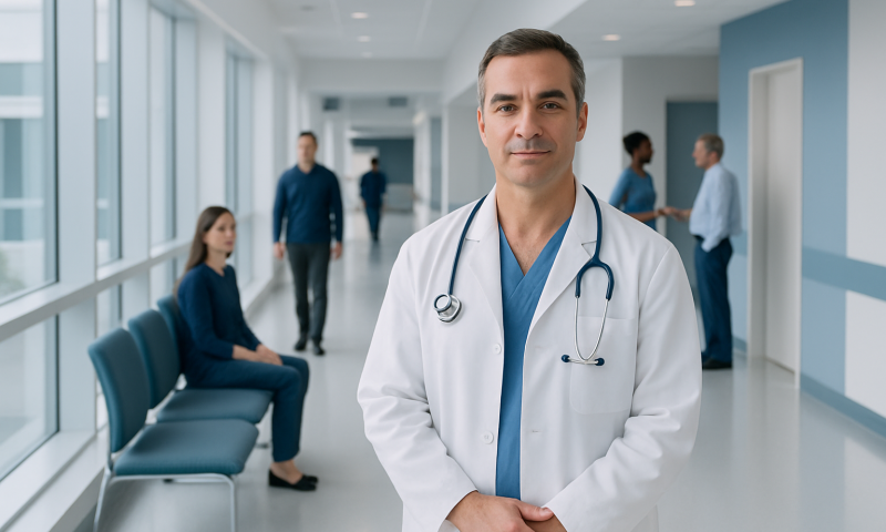 Experienced orthopedic surgeon in hospital corridor with patients and staff.