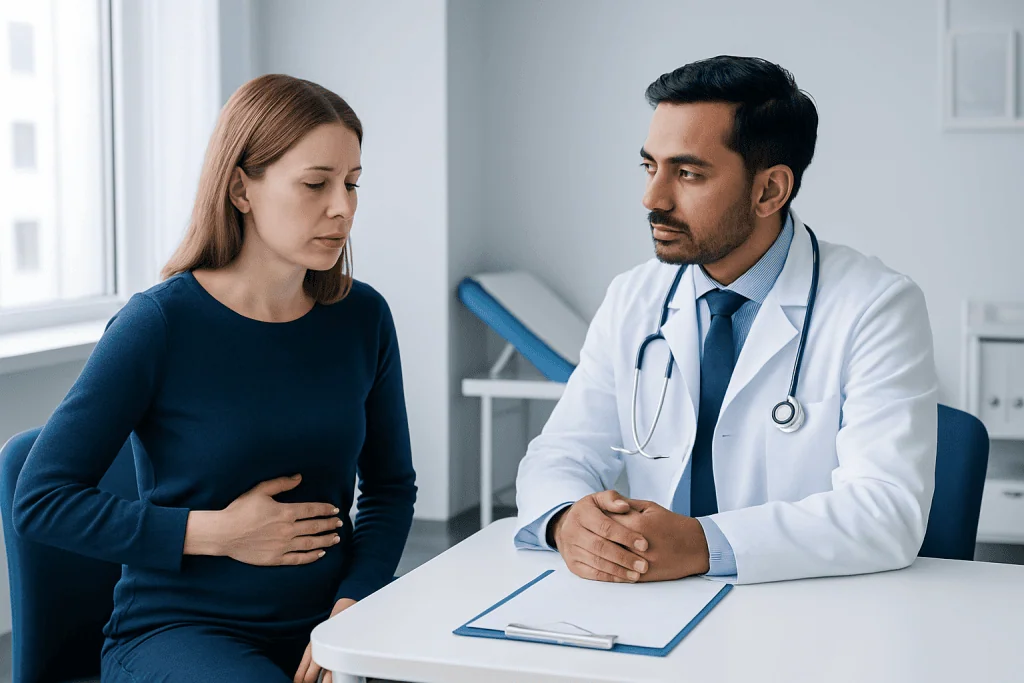 Doctor consulting with a woman patient about health concerns in a clinic.