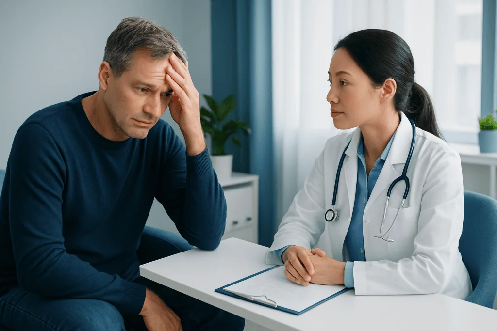 Doctor consulting with a middle-aged man about health concerns.
