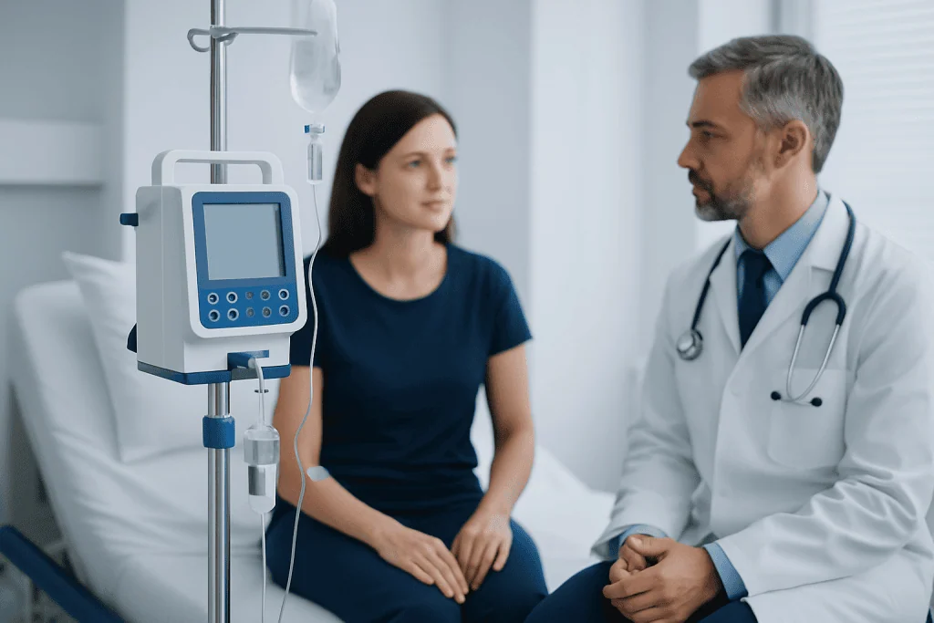 Doctor consulting with a patient in a hospital room with medical equipment.