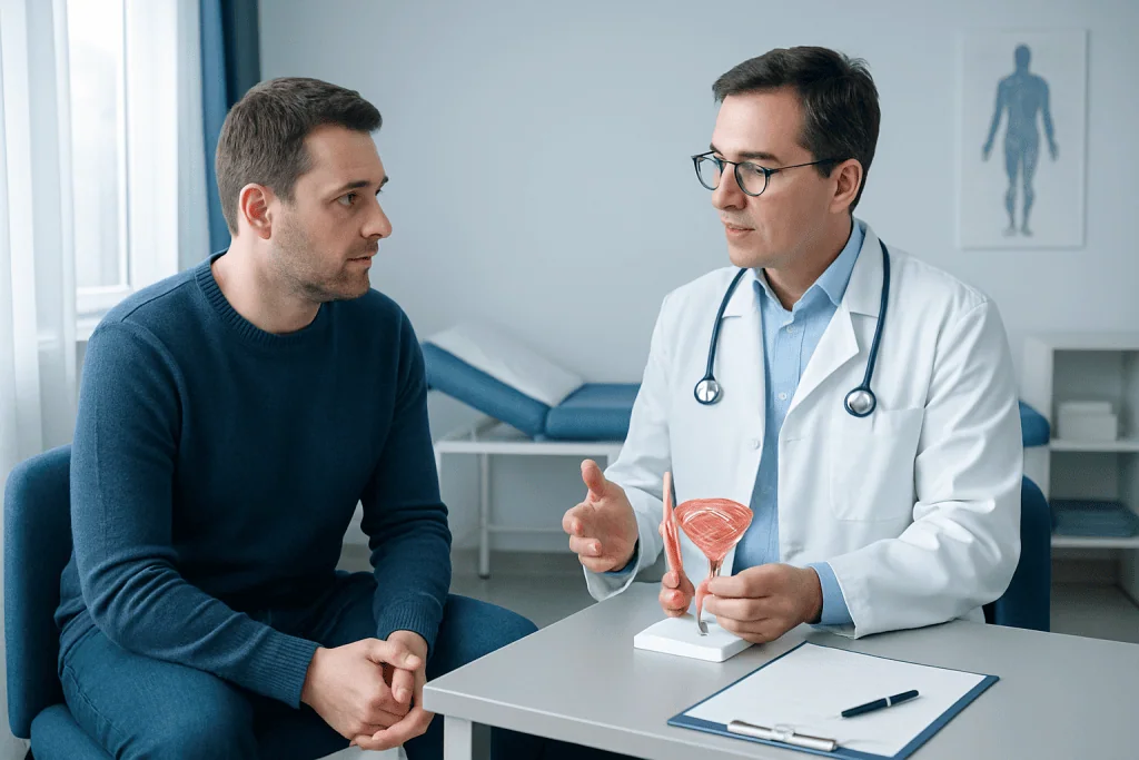 Doctor explaining testicular health to patient in clinic.