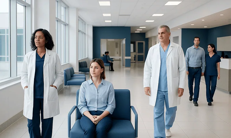Medical professionals and patient in hospital corridor at Acibadem Hospitals Group.