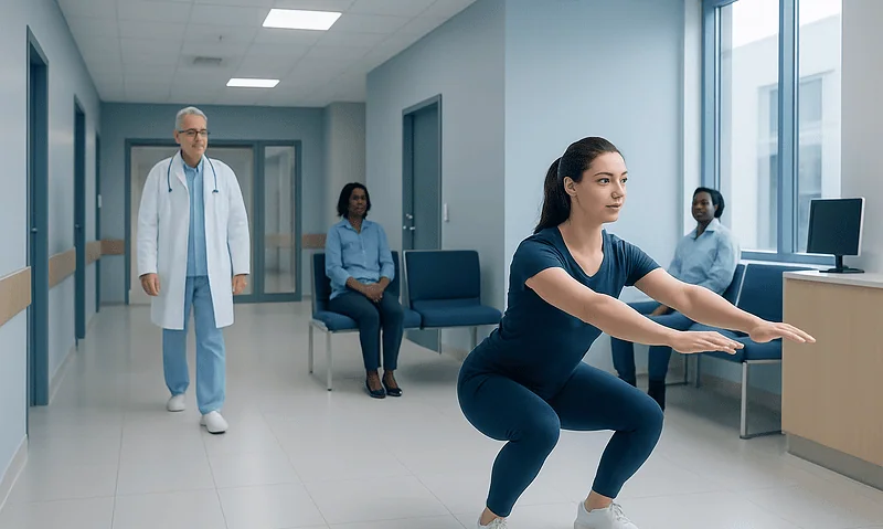 Woman doing squat exercise in a hospital corridor with medical staff nearby.