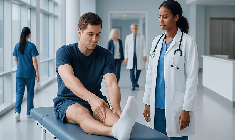 Medical professional examines patient's ankle in hospital setting.