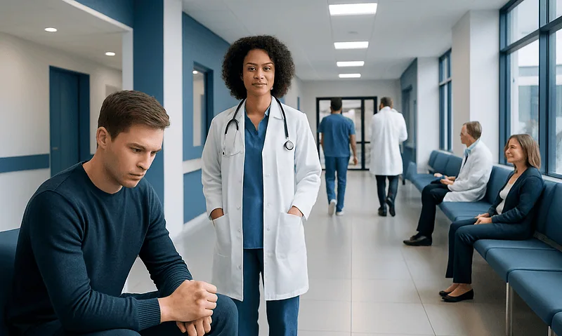Young man with bruised knuckles in a hospital waiting area.