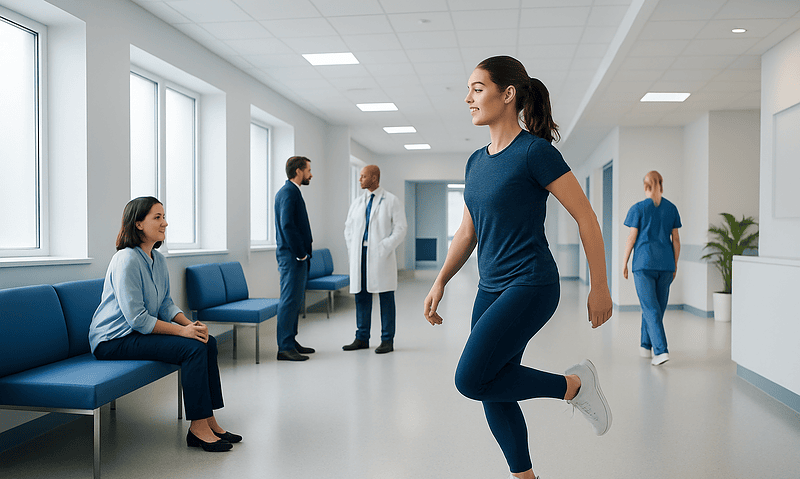 Woman performing butt kicks exercise in hospital corridor with medical staff nearby.