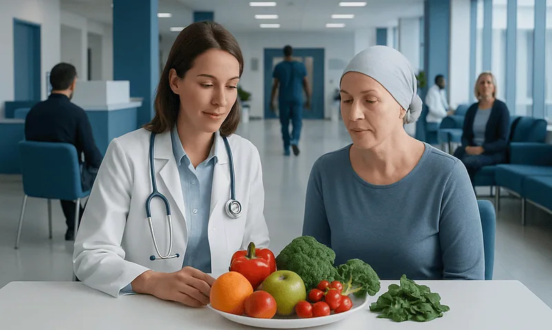 Doctor advising a patient with fresh vegetables in a hospital setting.
