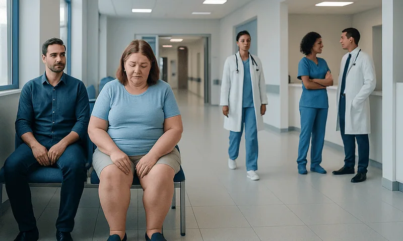 Patient waiting in hospital corridor with medical staff nearby.