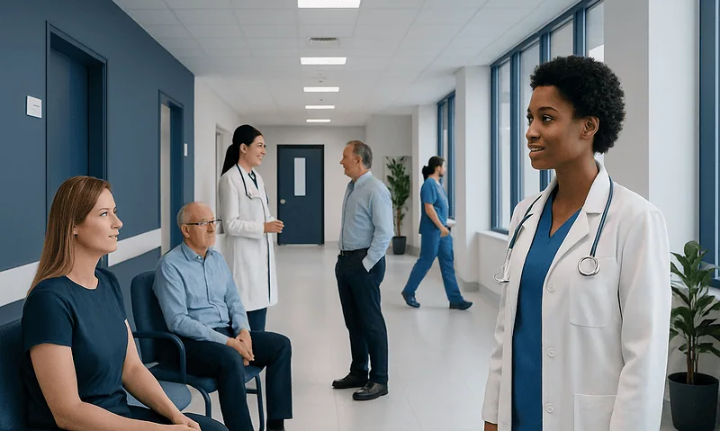 Healthcare professionals and patients in a modern hospital corridor.